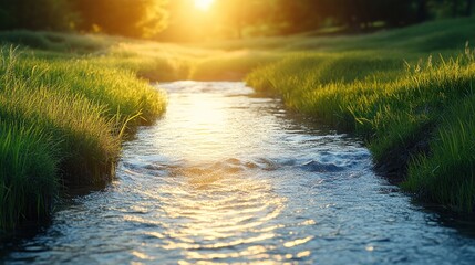 Wall Mural - Sunset over a flowing stream in a grassy field.