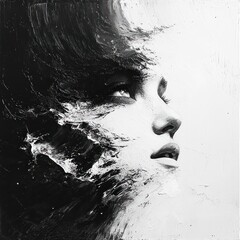 Canvas Print - Abstract monochrome painting, woman's face emerging.