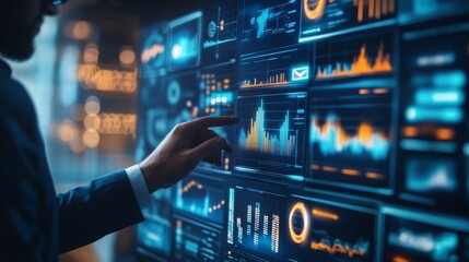 Fototapete - A professional analyzing digital data on a touchscreen display, showcasing graphs and statistics in a modern, tech-driven environment.