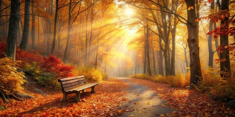 Wall Mural - Serene autumn pathway with a solitary bench, bathed in golden sunlight filtering through vibrant foliage