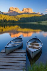 Wall Mural - Sunset Serenity Two Canoes Resting on Tranquil Mountain Lake Dock, Awaiting Adventure