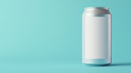 Poster - Silver Aluminum Beverage Can with Blank White Label on a Minimalist Blue Background for Mockup