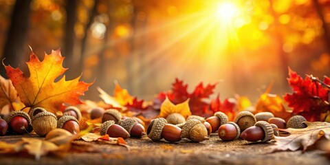 Wall Mural - Autumnal scene of acorns and vibrant fall leaves bathed in golden sunlight