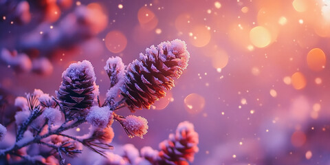 Poster - Snow-covered pinecones with a festive bokeh background in warm purple and orange tones