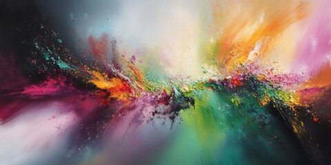 Poster - Abstract painting revealing explosive neon green, bright pink, turquoise swirls converging in dynamic, high energy visual composition
