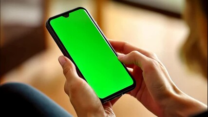 Woman at home lying on a sofa and using smartphone with green mock-up screen in vertical mode. Girl browsing Internet, watching content, videos, blogs. POV