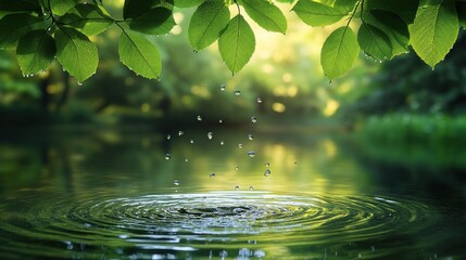 Wall Mural - Water droplets falling on calm lake surrounded by lush green leaves.