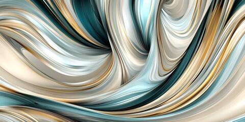 Poster - Metallic waves swirling across blue, gold, silver backdrop, embodying sophisticated modern luxury with fluid, dynamic visual energy