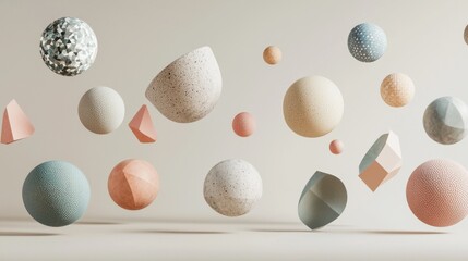 Poster - Abstract floating shapes in soft pastel colors studio setting digital art minimalist design eye-level view modern aesthetic