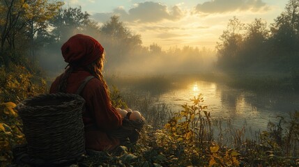 Poster - Woman in red hooded tunic sits by misty river at sunrise.