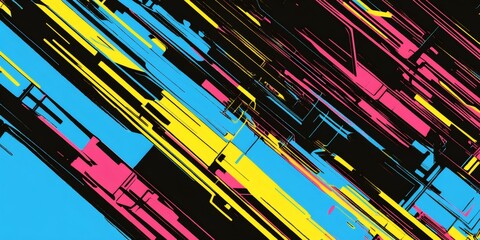 Poster - Vivid neon yellow, pink, and blue geometric shapes creating a dynamic and energetic abstract composition