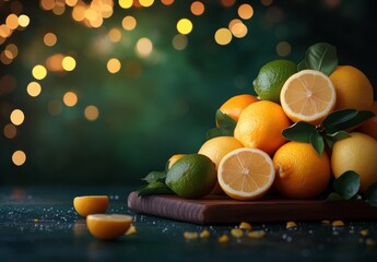 Wall Mural - Fresh lemons and limes arranged on a wooden board with a blurred green background and sparkling lights