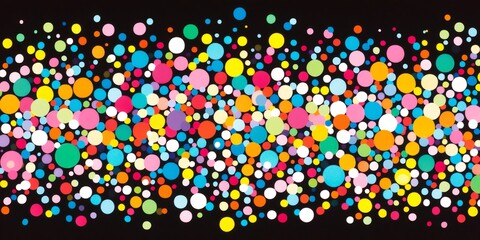 Poster - Colorful dots of varying sizes create a vibrant and dynamic pattern against a black background, ideal for celebratory or abstract designs