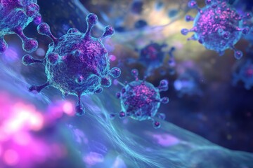 Poster - Colorful depiction of virus particles in a microscopic environment during scientific research