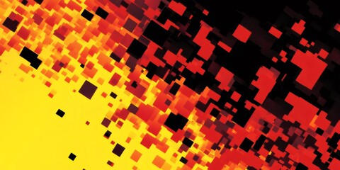 Poster - Pixelated blocks in vibrant red, orange, yellow, black forming geometric digital abstract design