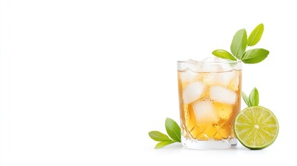 Wall Mural - A refreshing drink with ice and lime, garnished with leaves.