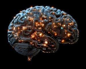 Poster - Creative tech in action A human brain connected to a digital interface, symbolizing the intersection of technology and creativity
