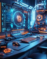 Aufkleber - Innovative technology A sleek, modern workspace with AIpowered devices and futuristic tools, representing creative tech solutions