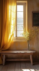 Poster - Bright yellow curtains frame a sunny window with potted flowers in rustic interior