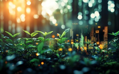 Poster - Innovative technology design emphasizing ESG principles, featuring a harmonious mix of nature elements and futuristic data visuals