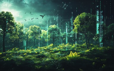 Poster - Innovative technology design emphasizing ESG principles, featuring a harmonious mix of nature elements and futuristic data visuals