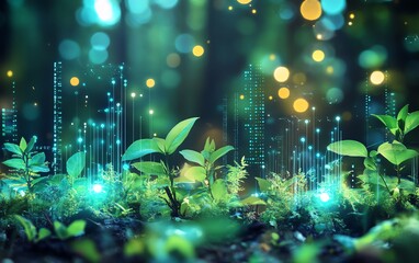 Poster - Innovative technology design emphasizing ESG principles, featuring a harmonious mix of nature elements and futuristic data visuals