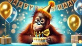 Orang-outan avec un chapeau de fête et gâteau d'anniversaire