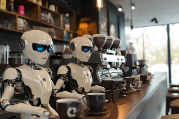 Poster - Robots serve coffee at a modern cafe in a bustling urban area during the daytime