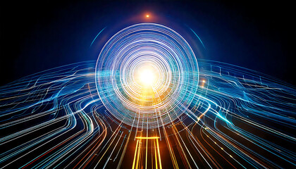 Poster - dynamic abstract image featuring vibrant blue, orange, and white light trails forming concentric cir
