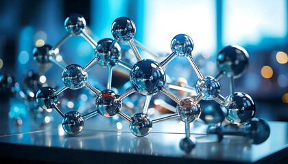Poster - stunning close-up of a gleaming molecular model, reflecting a blurred modern office backdrop. perfec