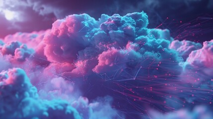Poster - Fluffy, stylized clouds morphing into servers and network diagrams, a playful take on cloud computing