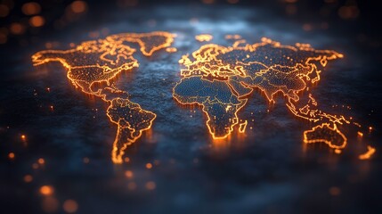 Fototapete - Abstract Digital World Map with Glowing Lines and Dots Representing Global Connections and Network Communication in a Dark Background