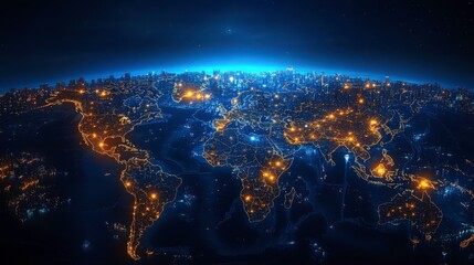 Poster - A Stunning Nighttime Aerial View of Earth with Illuminated Cities and Urban Areas Captured from Space, Showcasing a Beautifully Lit Planet with Vibrant Colors and Stars