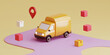 © Honey.Hana - Delivery services concept. A yellow delivery van surrounded by packages and a location pin on a colorful background.