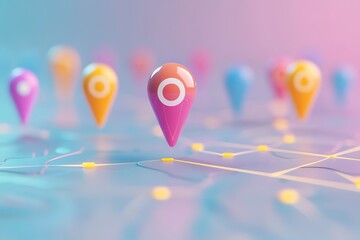 Poster - Colorful location markers on a network map, representing connections and destinations.
