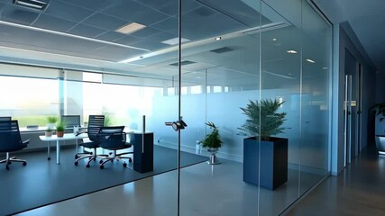 A large open office space with a glass wall and a potted plant in the middle. The room is filled with chairs and a desk, and there are several potted plants scattered throughout the space
