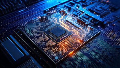 Poster - Stunning close-up of a circuit board with glowing orange pathways and a central processor. Perfect for tech, innovation, and AI concepts.