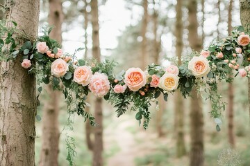 Wall Mural - Romantic floral garland draped between trees in a forest setting.