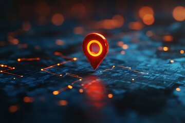Poster - Glowing location pin on a digital network, symbolizing global connectivity and precise location tracking.