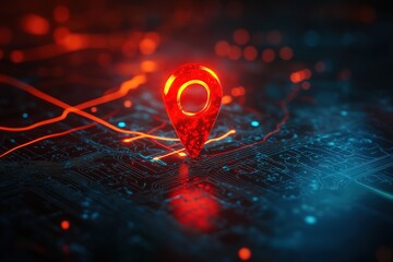 Poster - Glowing red location pin on a circuit board, symbolizing digital navigation and global connectivity.