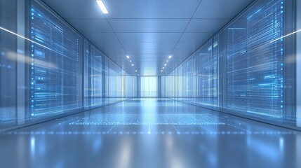Fototapete - Futuristic Data Corridor with Digital Interfaces and Neon Lights, Evoking a Sense of High-Tech Exploration in a Modern Data Center Environment