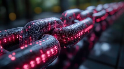 Poster - Futuristic Digital Chain Linking with Neon Lights and Binary Code Representing Technology, Connectivity, and Cybersecurity Concepts in a Modern Setting