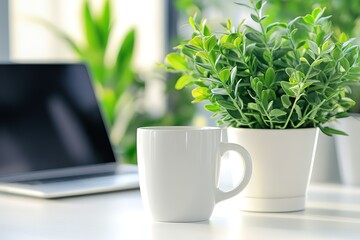 Poster - A serene workspace with a coffee mug, potted plant, and laptop.