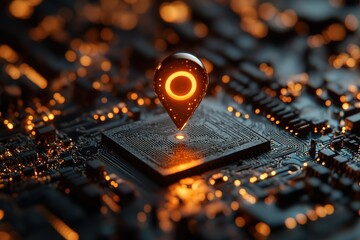 Poster - Glowing location pin on a circuit board.  Represents digital mapping, GPS, or location-based services.