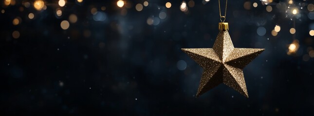 Wall Mural - Stock background featuring a defocused bokeh effect with a sparkling golden Christmas star decoration