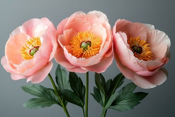 Wall Mural - Three delicate peach-colored peonies in full bloom, showcasing intricate details.