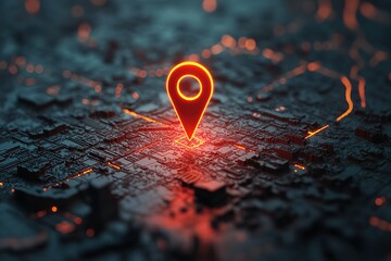 Poster - Glowing location pin on a circuit board, symbolizing digital mapping and navigation.