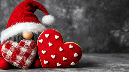 Poster - A festive gnome with a Santa hat holds two red heart-shaped decorations, creating a warm and cheerful holiday atmosphere.