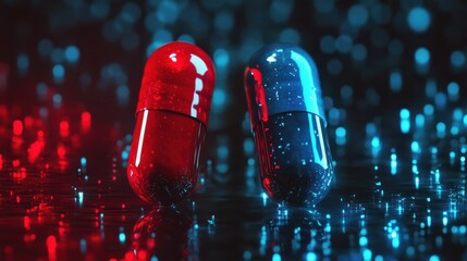 Poster - Two capsules, one red and one blue, rest on a shimmering surface with a backdrop of vibrant lights, evoking themes of choice and duality.