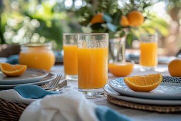 Wall Mural - Freshly squeezed orange juice served with slices on a beautifully arranged table in a sunny setting